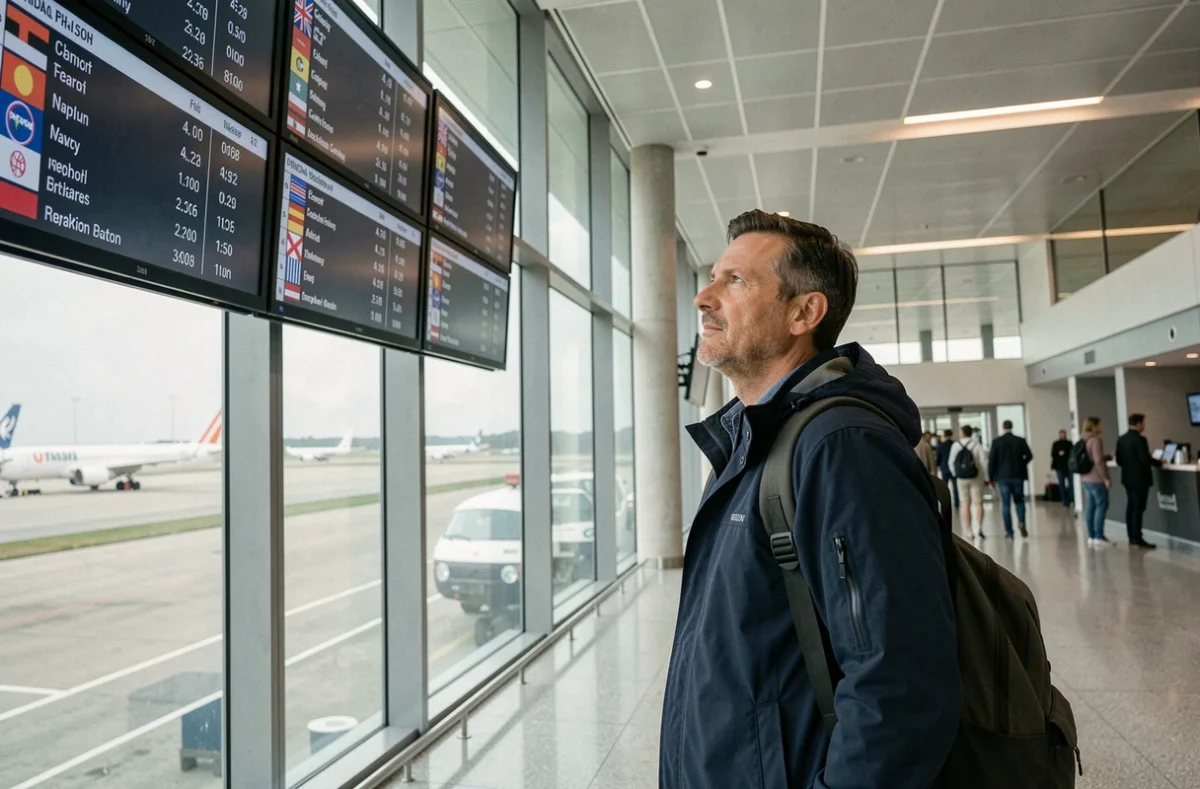 Voyageur observant les horaires de vols internationaux dans un aéroport pour gérer le décalage horaire avec La Réunion