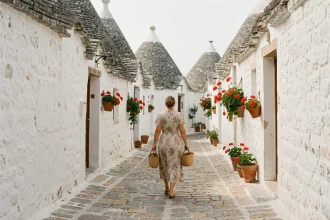 Ruelle blanche d'Alberobello dans les Pouilles avec trulli traditionnels et femme marchant avec panier