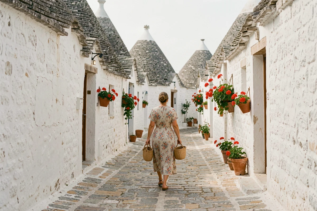 Ruelle blanche d'Alberobello dans les Pouilles avec trulli traditionnels et femme marchant avec panier
