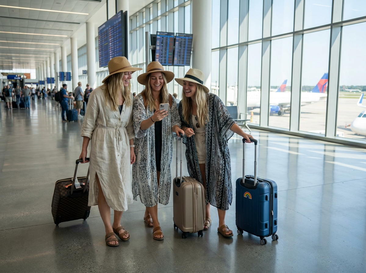 Groupe d'amies LGBTQ+ traversant un aéroport moderne avec leurs valises, prêtes pour leurs vacances entre amis