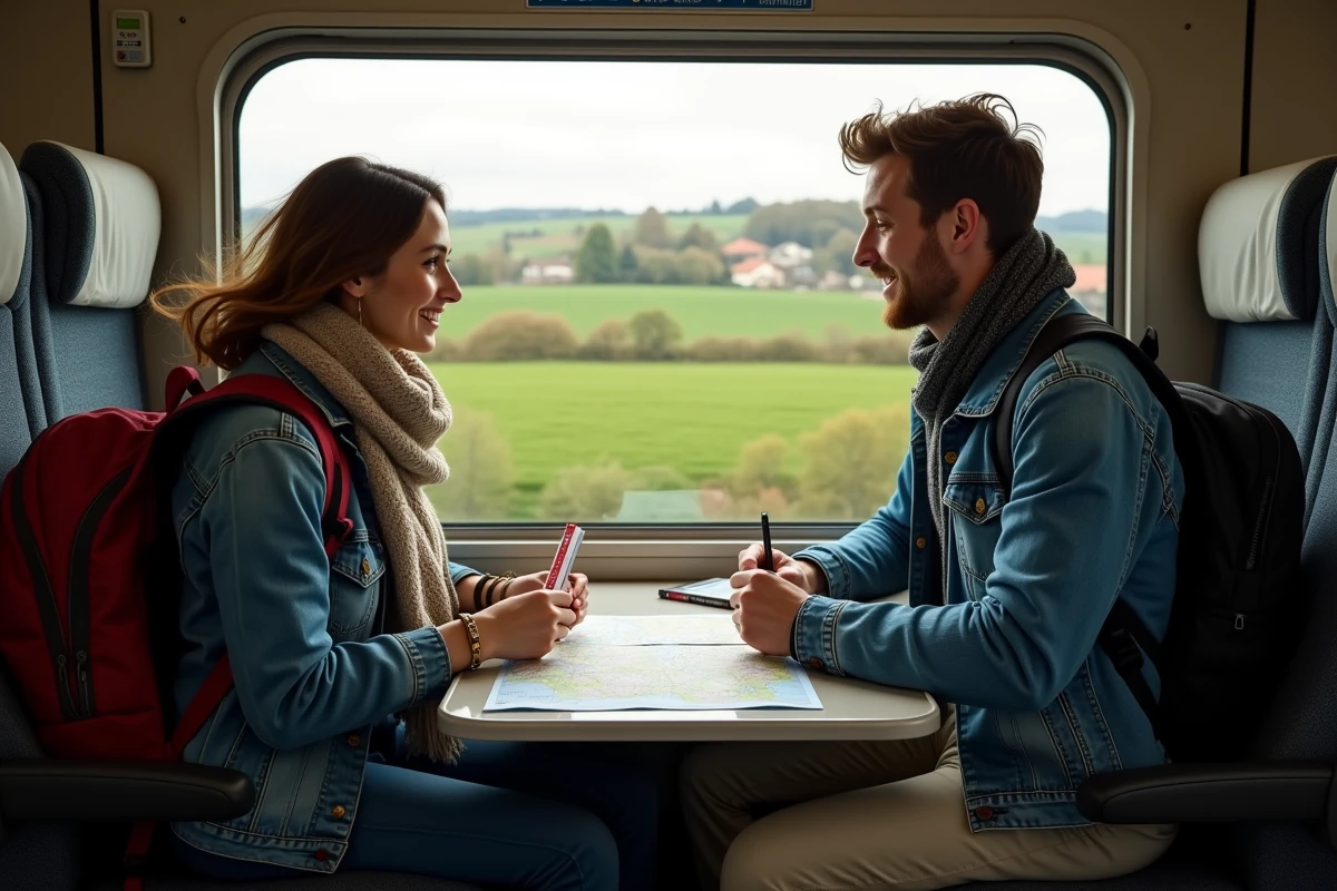 Deux amis comparant leurs Eurail Pass dans un compartiment de train traversant la campagne française