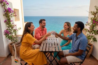 Groupe d'amis LGBTQ+ en vacances sur une terrasse méditerranéenne ensoleillée, portant des vêtements colorés et souriant