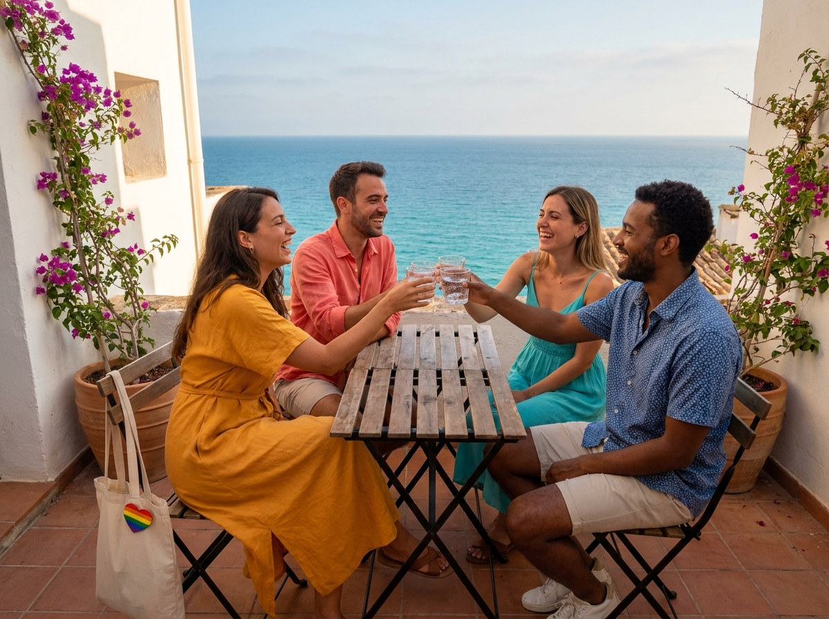 Groupe d'amis LGBTQ+ en vacances sur une terrasse méditerranéenne ensoleillée, portant des vêtements colorés et souriant