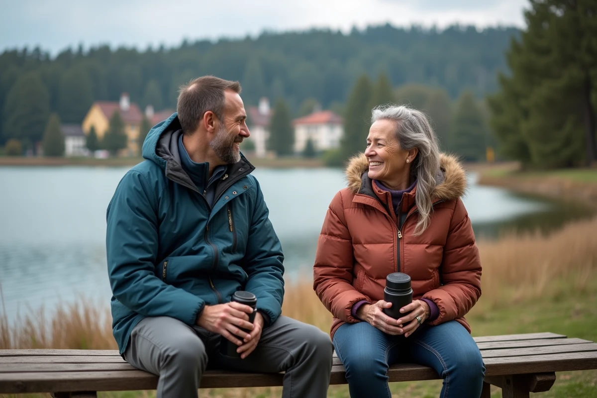 Amis randonneurs se reposant au bord d’un lac bavarois
