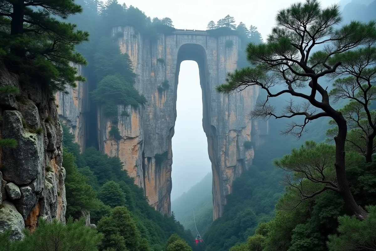 Arche naturelle spectaculaire de la grotte Tianmen vue depuis la forêt de pins avec téléphérique en arrière-plan à Zhangjiajie