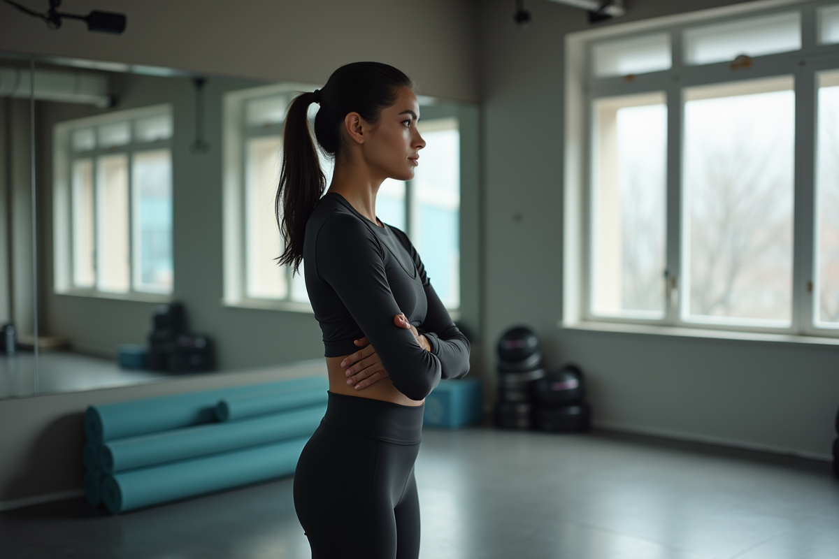 Femme athlétique regardant par une fenêtre en salle de sport
