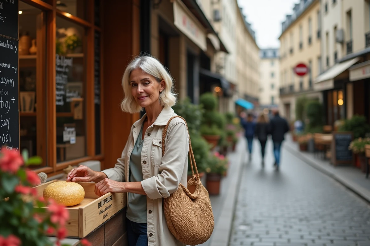 Femme choisissant du fromage devant une fromagerie de quartier à Paris, ballade gourmande dans une rue pavée parisienne