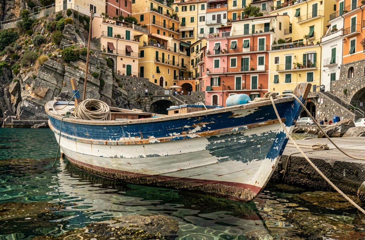 Barque de pêche traditionnelle amarrée dans le port de Riomaggiore avec le village des Cinq Terres en arrière-plan