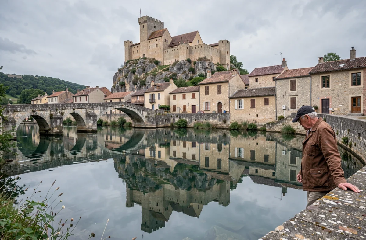 Le château médiéval de Belcastel et son reflet dans la rivière Dourdou avec le vieux pont en pierre en Aveyron