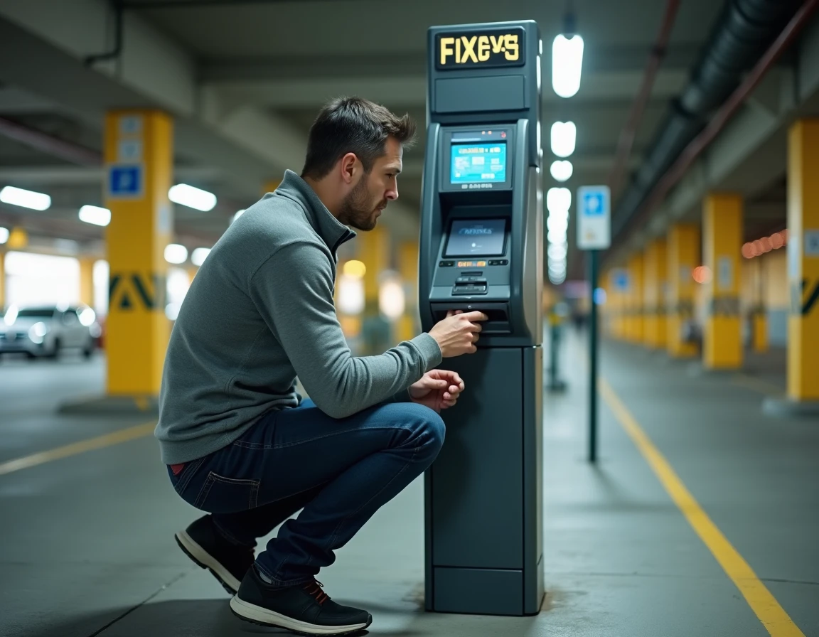 Homme consultant la borne tarifaire au parking P5 de l'aéroport de Toulouse