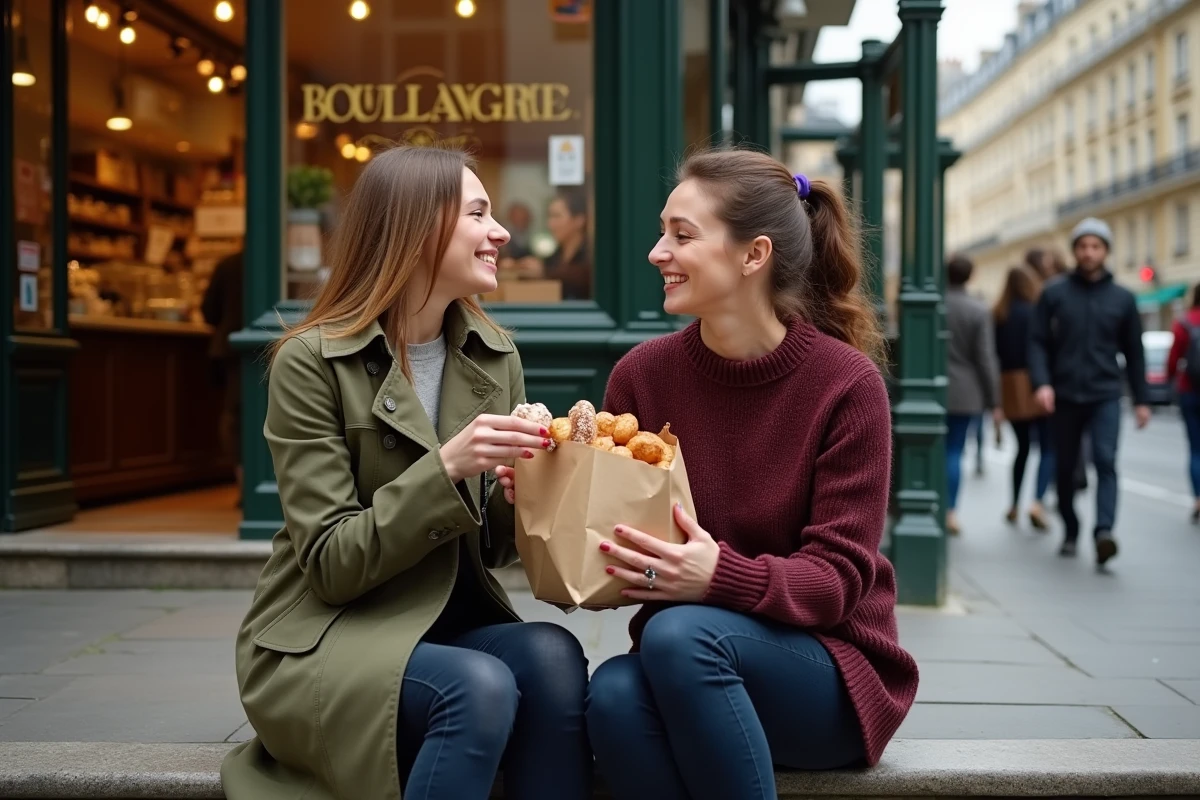 Deux femmes savourant des viennoiseries devant une boulangerie parisienne traditionnelle, moment convivial lors d'une balade gourmande