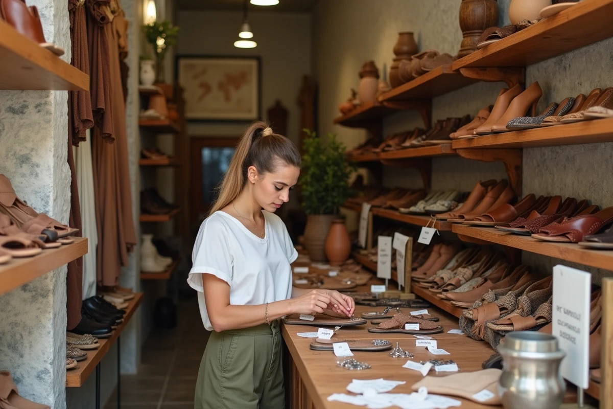 Intérieur d'une boutique artisanale à Plaka Athènes avec sandales en cuir faites main et bijoux en argent traditionnels