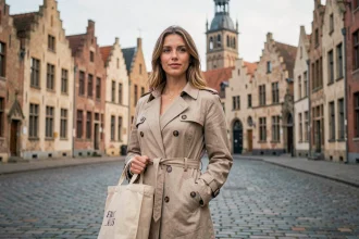 Femme en trench-coat beige sur la Grand-Place de Bruges avec le beffroi en arrière-plan, architecture flamande médiévale