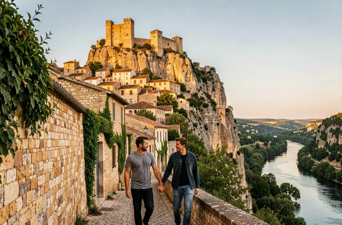 Les deux châteaux médiévaux de Bruniquel perchés sur leur falaise au-dessus de la confluence de l'Aveyron et de la Vère