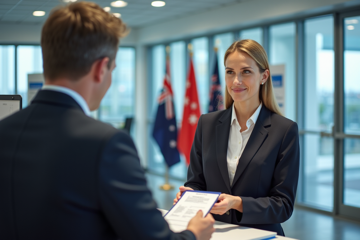 Agent officiel remettant un permis de conduire international dans un bureau australien moderne