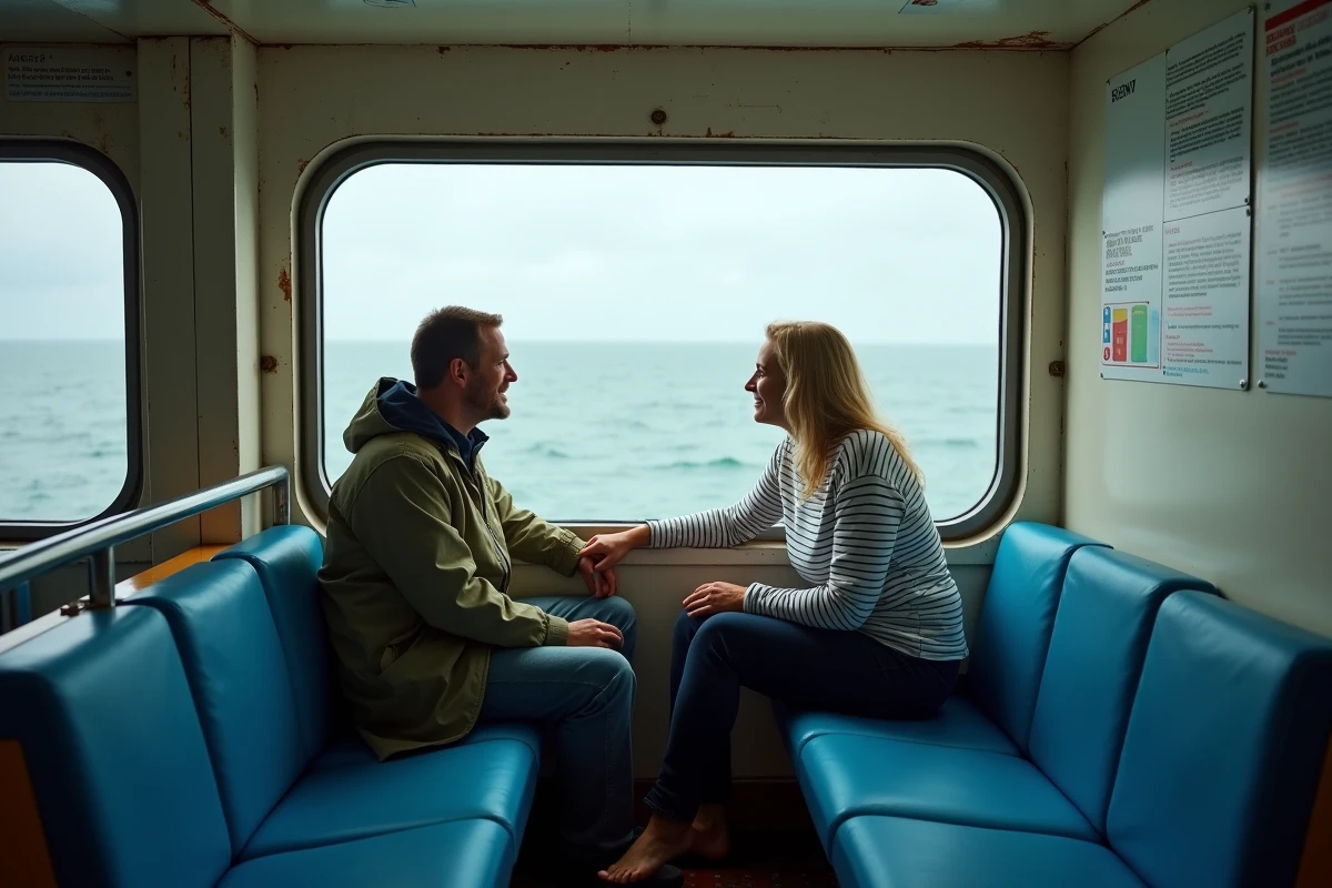 Couple de voyageurs dans la cabine du ferry Lorient Groix regardant par le hublot la mer bretonne