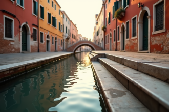 Canal vénitien calme au matin avec reflets colorés