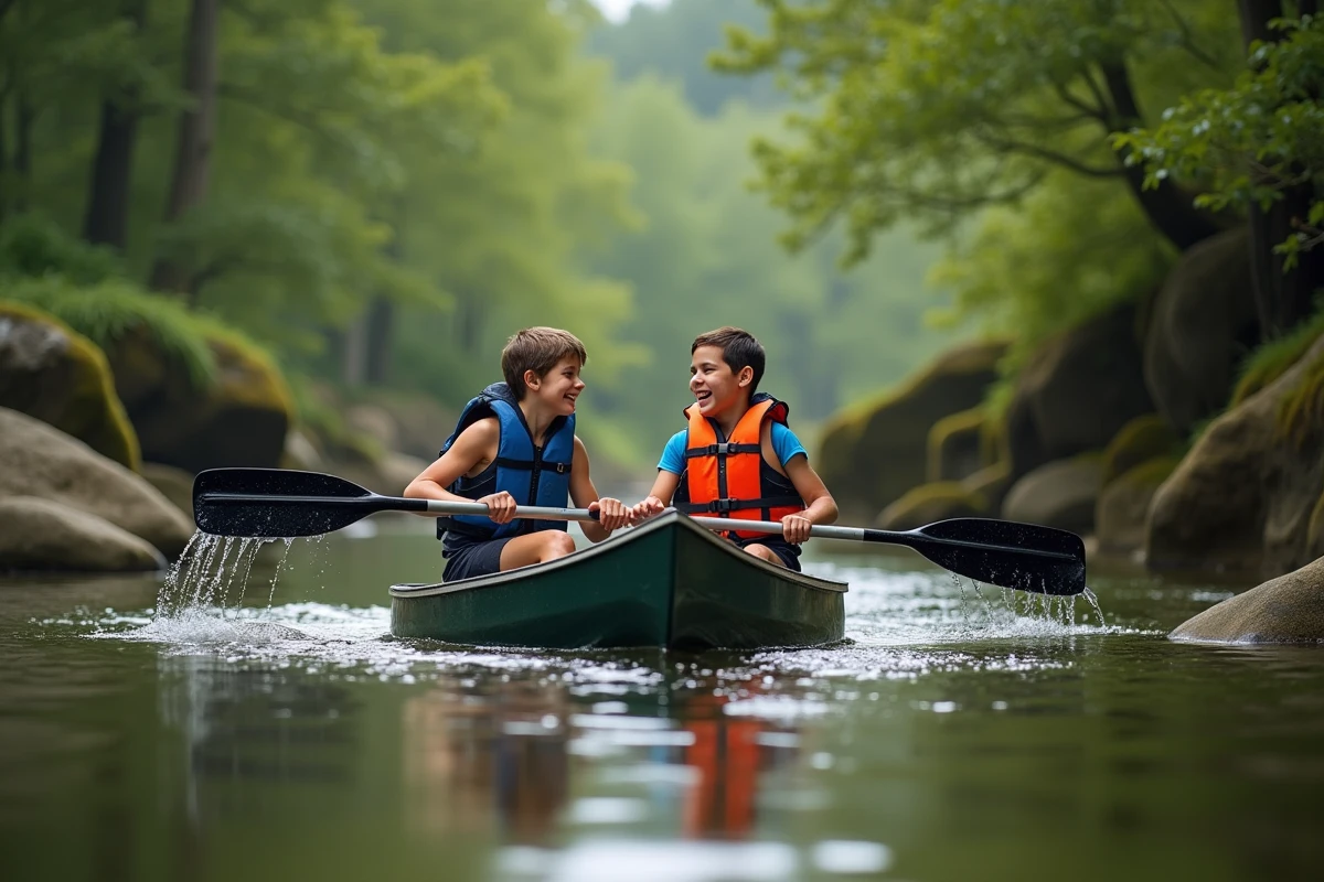 Adolescents faisant du canoë sur une rivière de Corrèze pendant des vacances en famille dans la nature