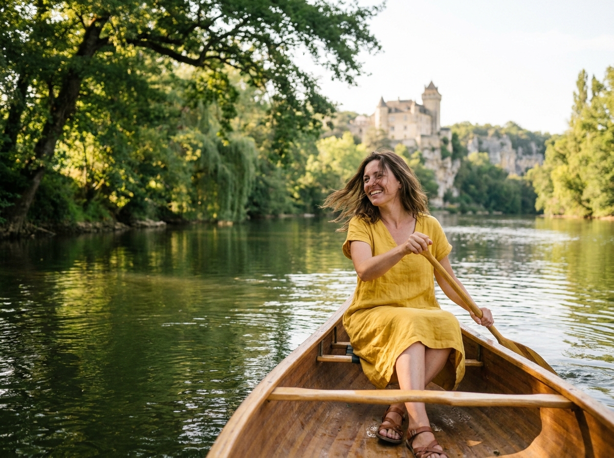 Femme en canoë sur la rivière Dordogne avec châteaux médiévaux en arrière-plan en été
