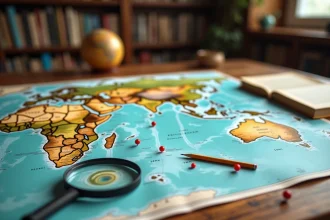 Carte du monde physique dépliée sur une table en bois avec des épingles marquant les Maldives dans l'océan Indien