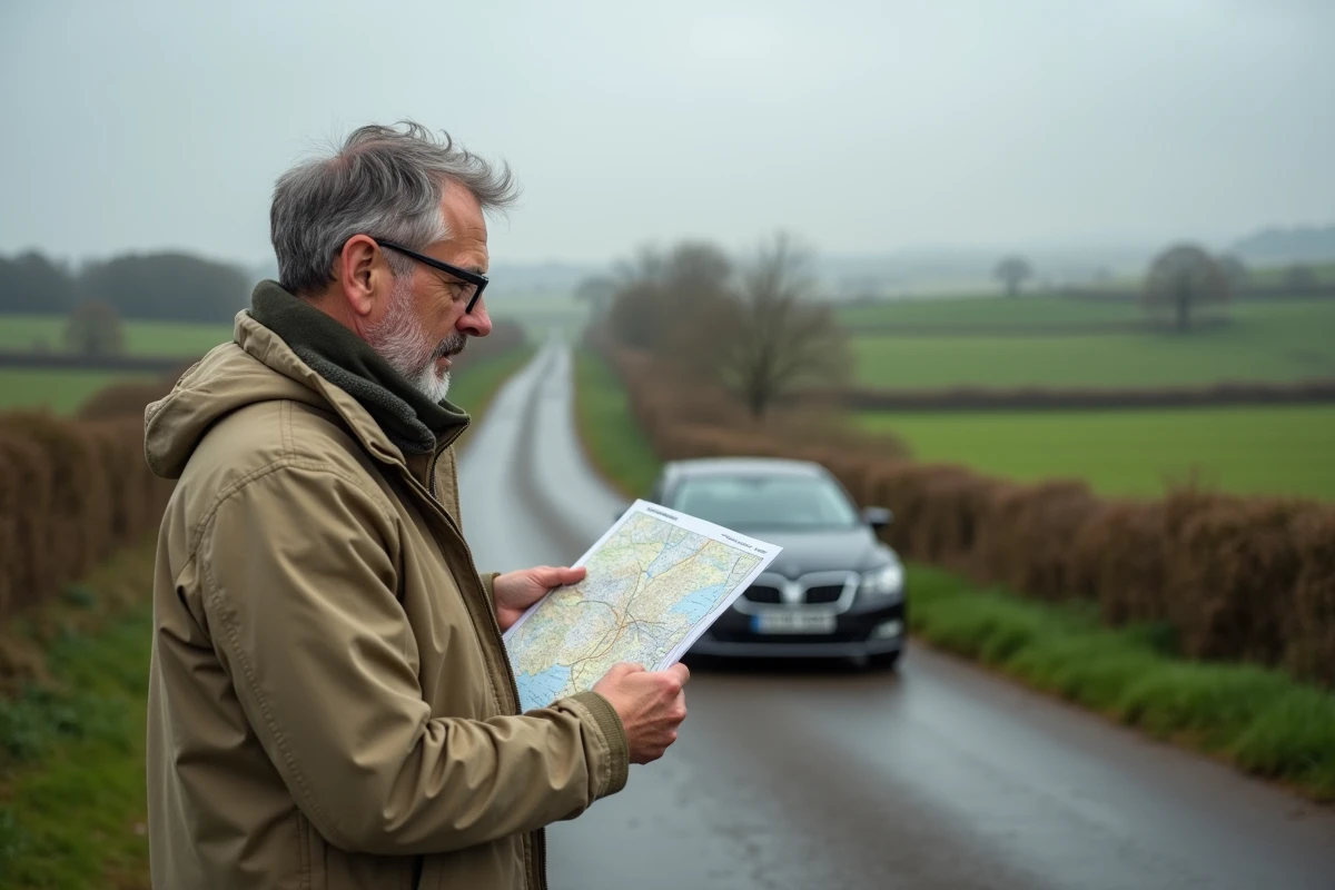 Homme consultant une carte imprimée de Normandie au bord d'une route de campagne normande avec bocage en arrière-plan