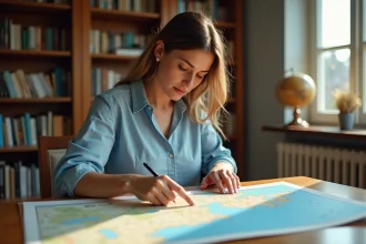 Femme consultant une carte imprimée de Normandie sur un bureau en bois dans un bureau à domicile cosy