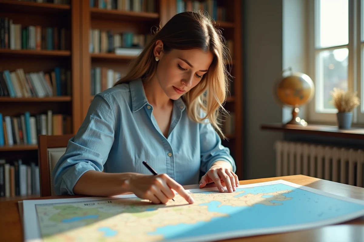 Femme consultant une carte imprimée de Normandie sur un bureau en bois dans un bureau à domicile cosy
