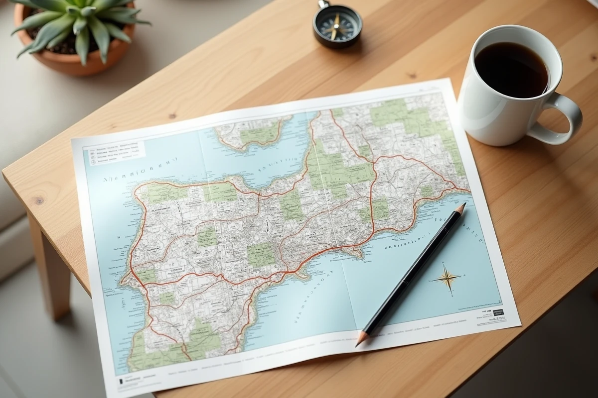 Vue aérienne d'une carte de Normandie imprimée sur une table en chêne avec crayon, boussole et tasse de café pour la planification d'un voyage