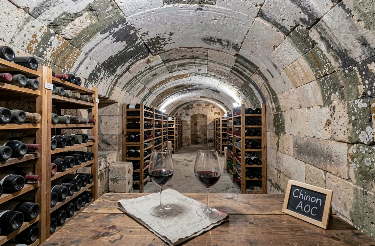 Cave troglodyte en tuffeau à Chinon avec bouteilles de vin rouge et verres de dégustation
