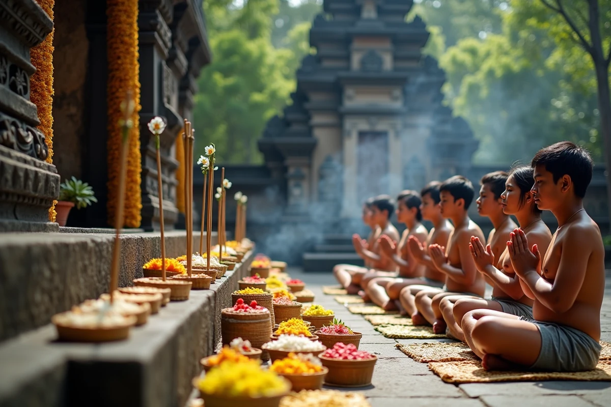 Groupe de fidèles balinais en prière lors d'une cérémonie odalan au temple royal de Taman Ayun, avec offrandes et encens devant un autel en pierre sculptée