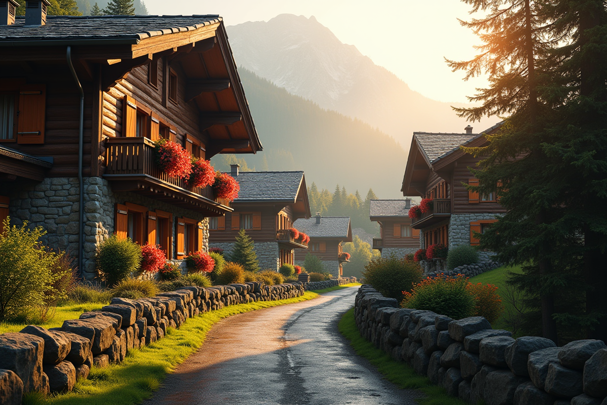 Village de chalets en montagne au coucher de soleil