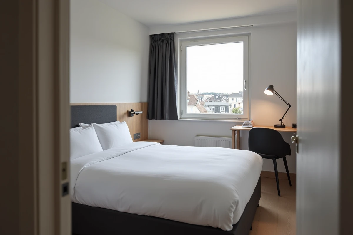 Chambre confortable et bien agencée de l'hôtel ibis Fécamp avec vue sur les toits du port normand