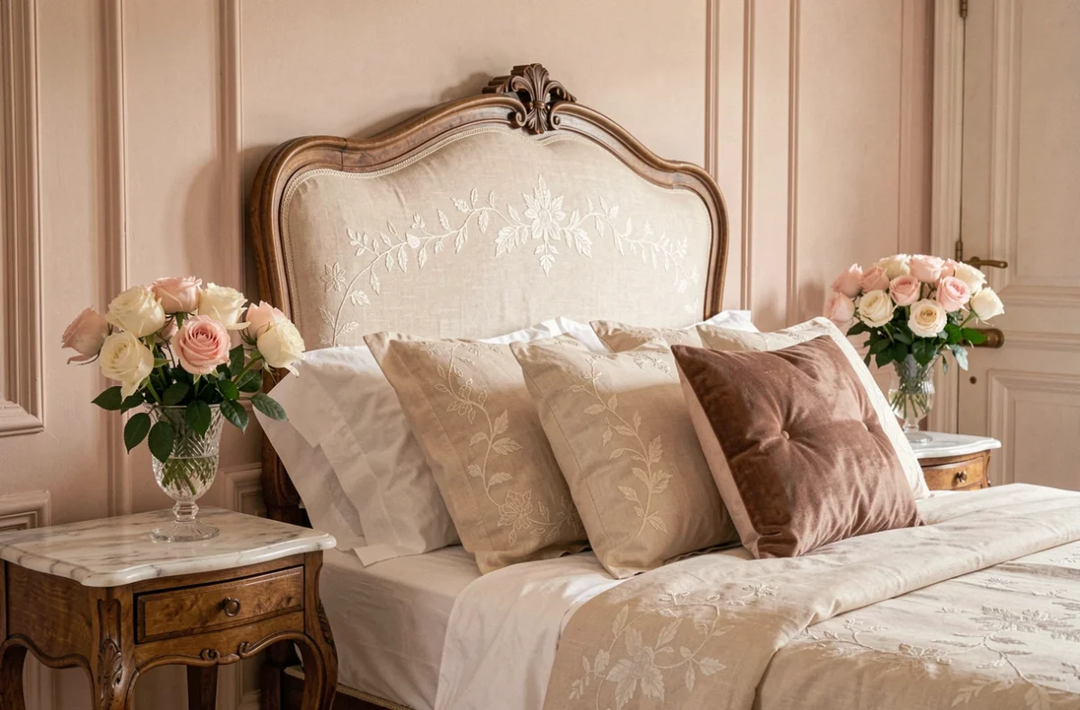 Chambre raffinée de Chambre d'hôtes Madame avec lit sculpté, linge brodé ivoire et roses fraîches sur marbre