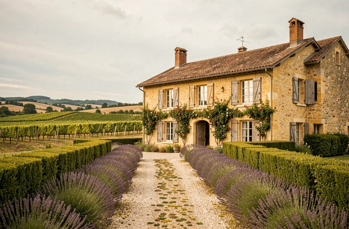 Vue panoramique d'un domaine viticole en Bourgogne-Franche-Comté avec manoir en pierre dorée et vignes à l'horizon