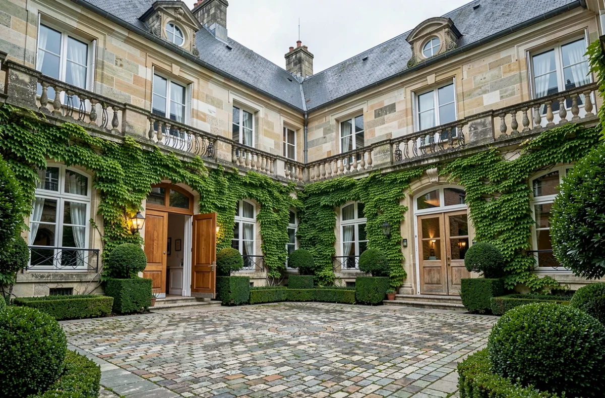 Cour intérieure du Château de la Resle avec architecture en pierre de taille, lierre et topiaires taillés