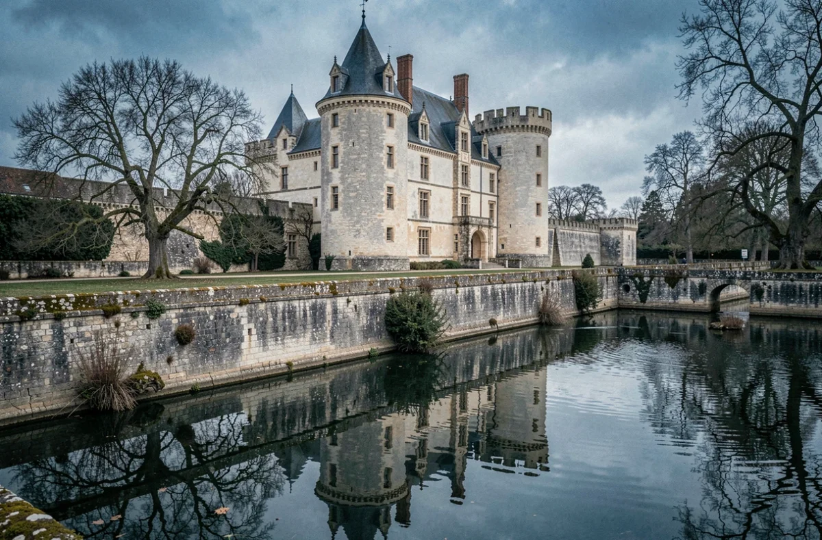 Façade médiévale du Château des Métairies avec tours rondes, douves sèches et reflet dans l'étang ornemental