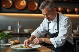Chef en cuisine moderne dressant un plat raffine