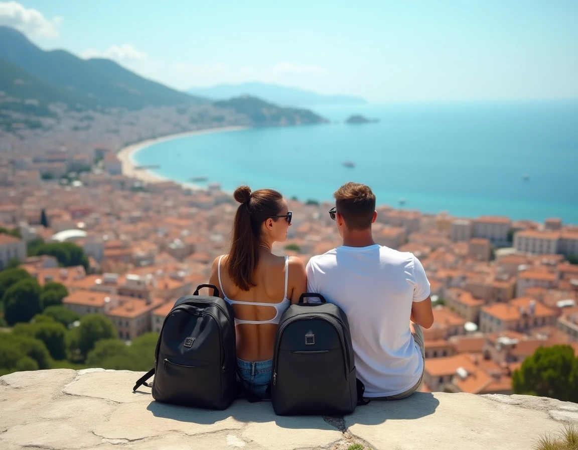 Couple profitant de la vue panoramique depuis la Colline du Château à Nice sur la Baie des Anges