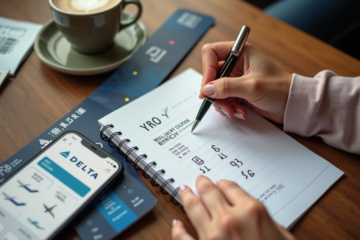 Vue de dessus d'une table avec billet Delta, smartphone comparant des compagnies aériennes américaines et notes manuscrites sur le rapport qualité-prix