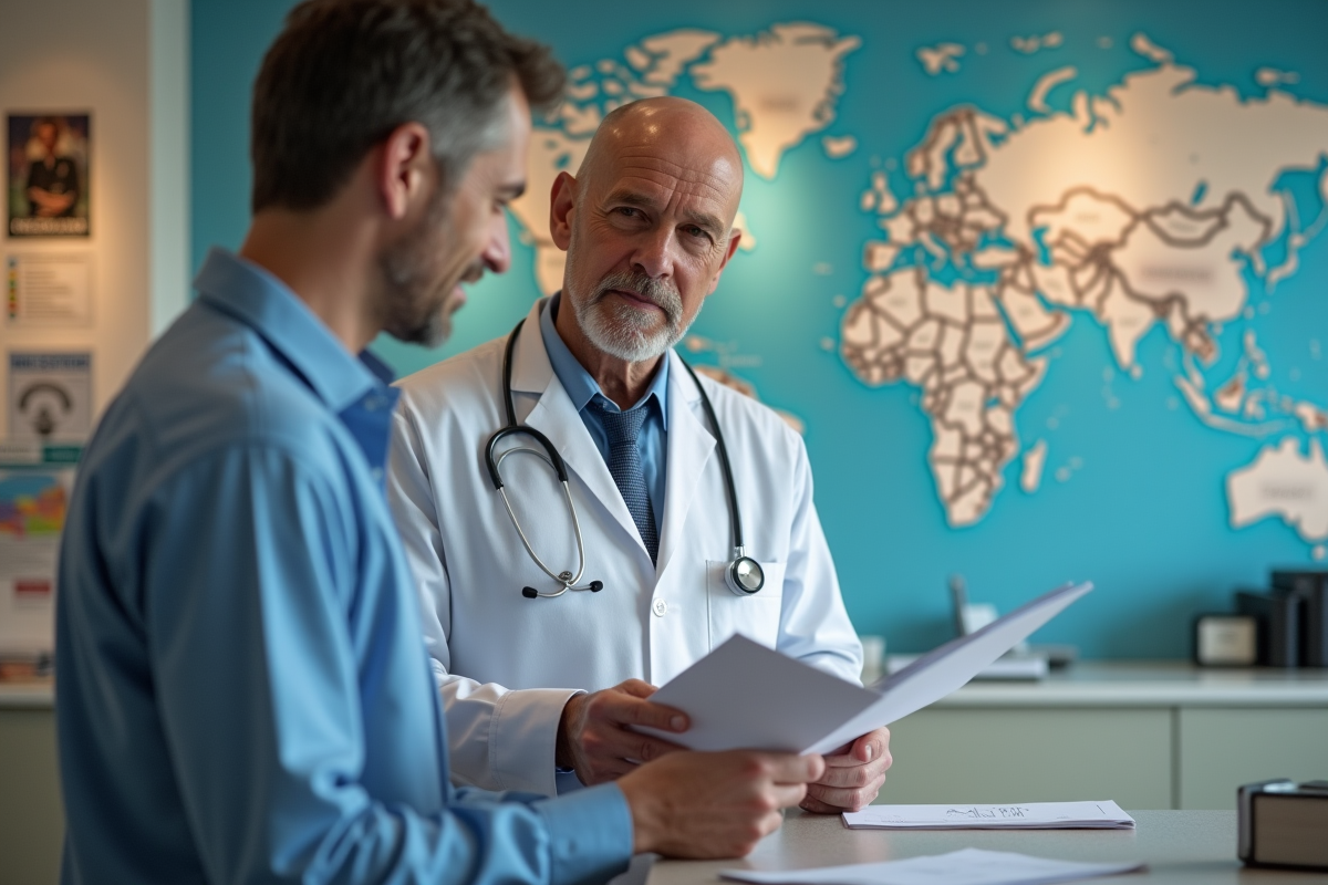 Homme et docteur discutant dans une clinique internationale
