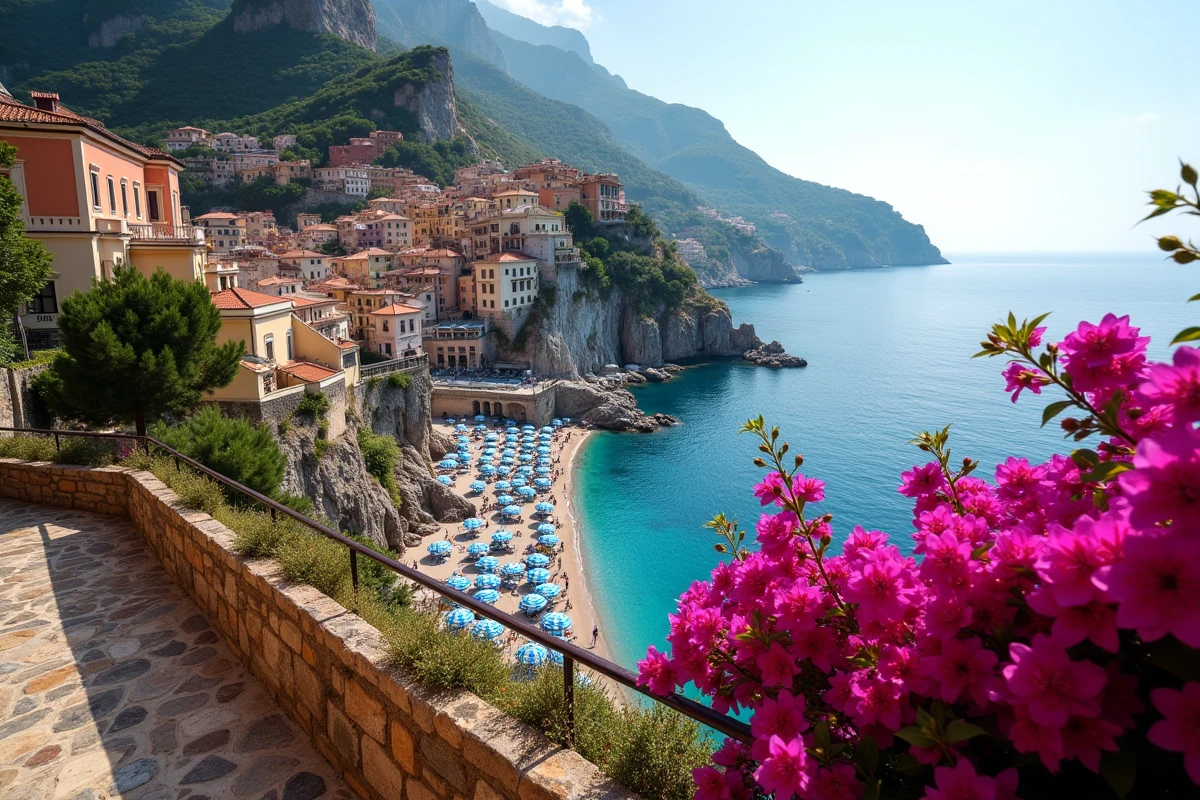 Vue panoramique de la côte est de la Sicile depuis Taormine avec falaises, village et parasols sur la plage ionienne