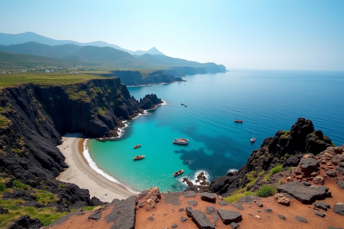 Côte nord de la Sicile avec rochers volcaniques noirs, eau turquoise et îles Éoliennes à l'horizon