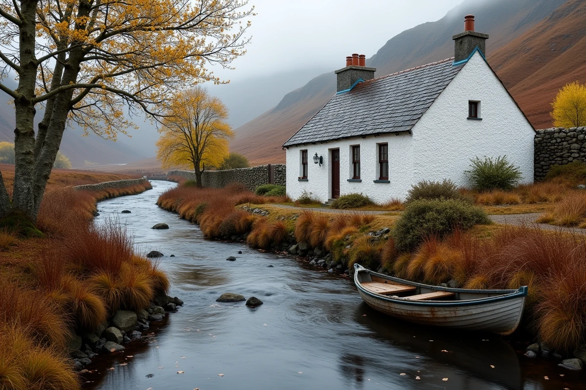 Cottage traditionnel écossais en pierre blanche dans un glen isolé des Highlands avec reflet dans un ruisseau