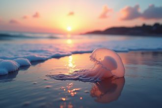 Plage au lever du soleil avec méduse translucide et panneau de sécurité