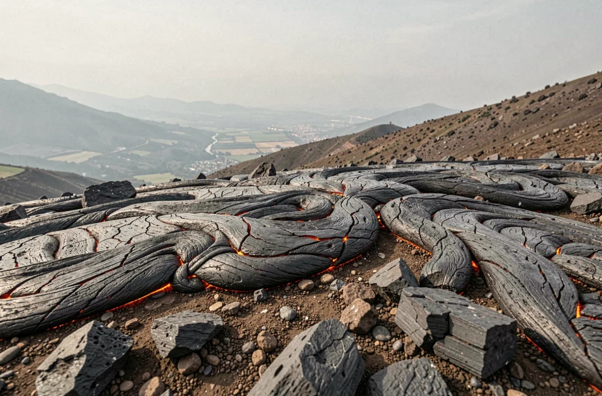 Coulée de lave récente de l'Etna se solidifiant sur les flancs volcaniques avec fissures rougeoyantes visibles