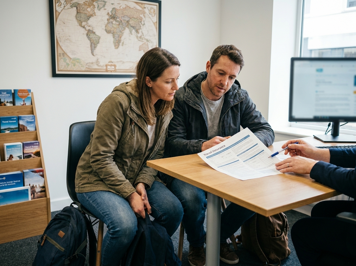 Couple en agence de voyage vérifiant les détails d'une assurance voyage avec un conseiller avant un départ à l'étranger