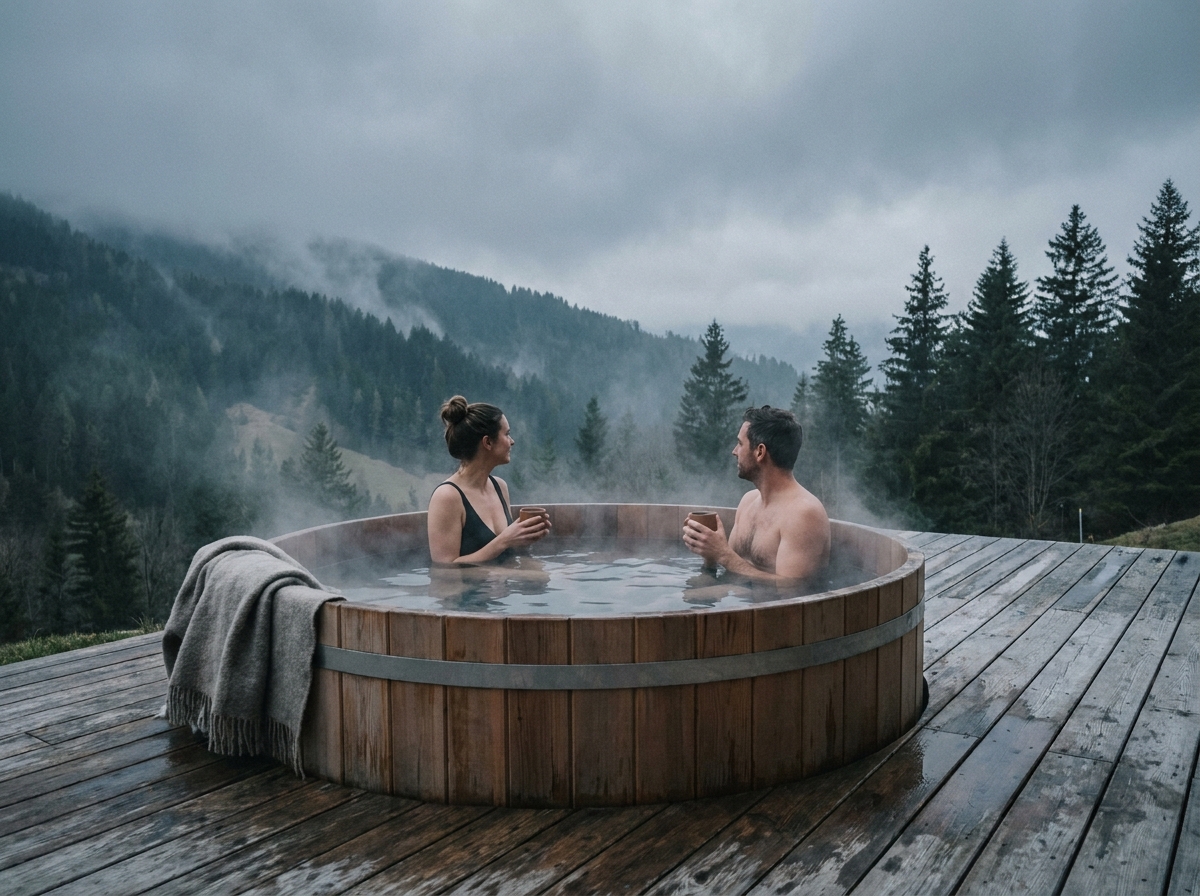Couple profitant d'un bain nordique en plein air sur la terrasse d'un hôtel spa de montagne dans la brume