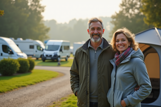 Couple français en camping familial au matin