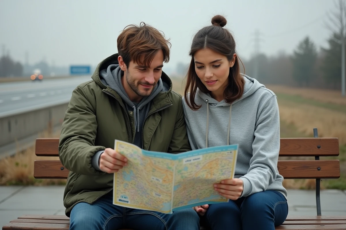 Couple de voyageurs lisant ensemble une carte Michelin sur un banc d'aire d'autoroute