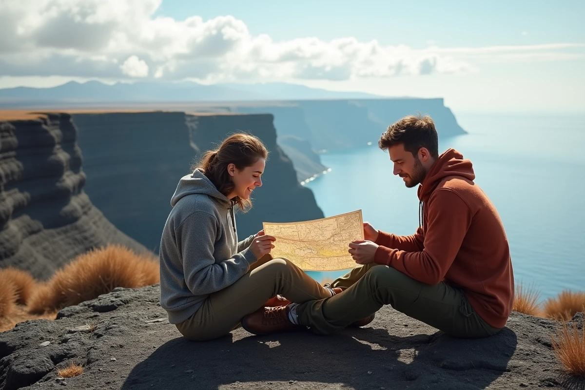 Couple consultant une carte touristique sur des roches basaltiques dans la région volcanique des Campi Flegrei en Italie
